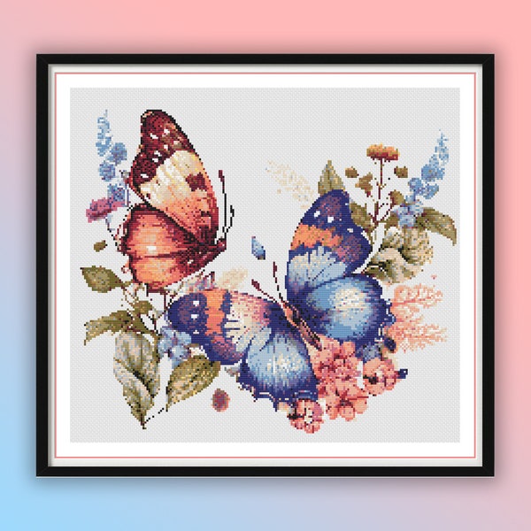 Watercolor Monarch Butterfly and Flowers Counted Cross Stitch PDF Pattern, Spring Flowers, Hand Embroidery, Modern Cross Stitch Chart