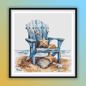Patrón de punto de cruz en PDF con silla de madera retro en acuarela en la playa, paisaje marino de verano, conchas y estrellas de mar, punto de cruz moderno