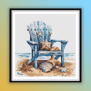 Watercolor Retro Wooden Chair On The Beach Counted Cross Stitch PDF Pattern, Summer Seascape, Shells and Star Fish, Modern Cross Stitch