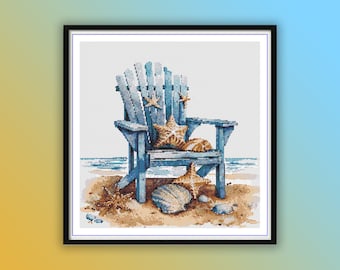 Watercolor Retro Wooden Chair On The Beach Counted Cross Stitch PDF Pattern, Summer Seascape, Shells and Star Fish, Modern Cross Stitch