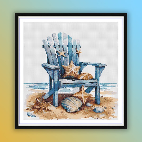 Watercolor Retro Wooden Chair On The Beach Counted Cross Stitch PDF Pattern, Summer Seascape, Shells and Star Fish, Modern Cross Stitch