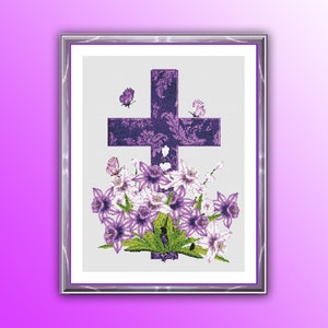 Patrón de punto de cruz contado con flores cristianas en PDF, diseño de bordado religioso a mano, ramo de flores