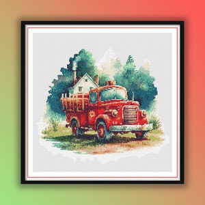 Rustic Farm Landscape Counted Cross Stitch Pattern: Vintage Red Truck, Barn, Spring Village Scene PDF