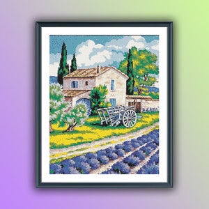 Watercolor Lavender Village Garden Cross Stitch Pattern - PDF Chart with DMC Colors for Hand Embroidery