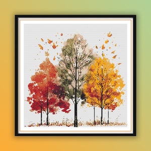 Aquarel herfst bomen landschap getelde kruissteek pdf-patroon, bos, bos, herfstbomen, moderne kruissteekkaart