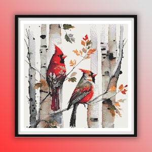 Aquarell Kardinäle und Birken Bäume Kreuzstich PDF Muster, Weihnachtsvögel, Winter Waldland, moderner Kreuzstich