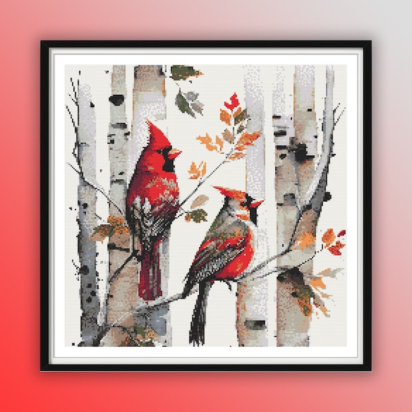 Watercolor Cardinals and Birch Trees Counted Cross Stitch PDF Pattern, Christmas Birds, Winter Woodland, Modern Cross Stitch