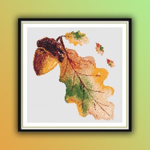 Autumn Landscape Watercolor Cross Stitch Pattern: Acorns, Leaves, Mushrooms, and Blackberries