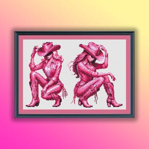 Watercolor Pink Cowgirls Counted Cross Stitch PDF Pattern, American Western Cross Stitch, Hand Embroidery