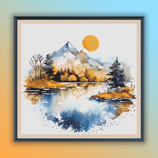 Patrón de punto de cruz "Lago otoñal sereno": Gráfico en PDF de paisaje otoñal con bosque, montañas y puesta de sol