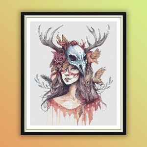 Aquarel meisje met hertenschedelmasker getelde kruissteek pdf-patroon, moderne kruissteekkaart, handborduurwerk