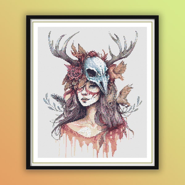 Watercolor Girl With Deer Skull Mask Counted Cross Stitch PDF Pattern, Modern Cross Stitch Chart, Hand Embroidery