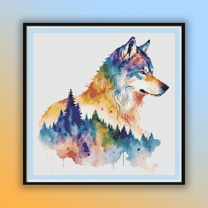 Aquarell Woodland Wolf PDF Stickmuster, Waldlandschaft, Wildtiere, moderne Kreuzstichvorlage, Handstickerei