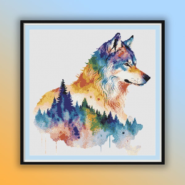 Watercolor Woodland Wolf Counted Cross Stitch PDF Pattern, Forest Landscape, Wild Animals, Modern Cross Stitch Chart, Hand Embroidery
