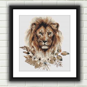 Aquarell Löwe Kreuzstich PDF Muster mit Blumen, König des Waldes Kreuzstich, Wildtiere Kreuzstich Nadelspitze Stickmuster