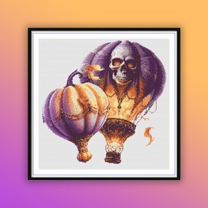 Aquarel halloween heteluchtballonnen getelde kruissteek pdf-patroon, halloweenlandschap, moderne kruissteekkaart, handborduurwerk