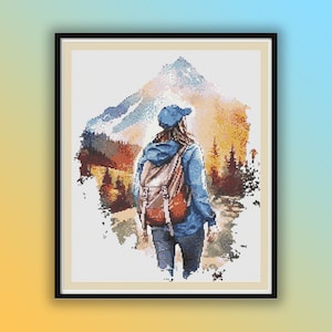 Aquarell Wandbild Kreuzstich PDF Muster, Berge Sonnenuntergang Landschaft, Handstickerei, moderne Kreuzstichvorlage