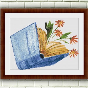 Watercolor Vintage Book and Flowers Counted Cross Stitch PDF Pattern, Old Books Cross Stitch Pattern, Instatnt Download Cross Stitch Chart