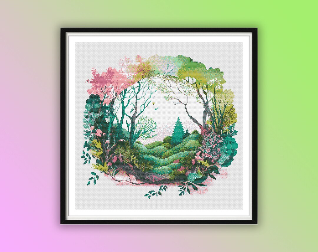 Watercolor Spring Forest Counted Cross Stitch PDF Pattern, Rainforest ...
