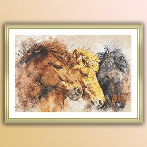 Schöne Pferde Aquarell gezählt PDF Kreuzstichmuster, Tiere auf dem Bauernhof Kreuzstichmuster, Instant Download PDF Kreuzstichvorlage