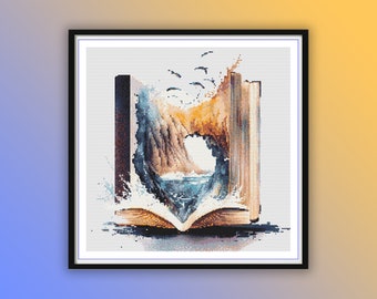 Watercolor Living Books Counted Cross Stitch PDF Pattern, Mountains and Lake Landscape, Blue Sea, Books Landscape, Hand Embroidery