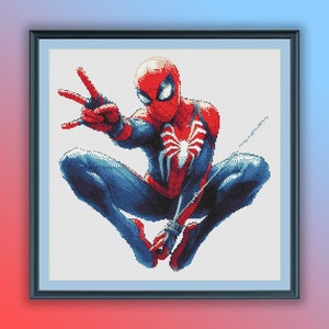 Schema PDF per punto croce contato di Spider Man ad acquerello, personaggi dei cartoni animati, ricamo a mano, schema moderno per punto croce