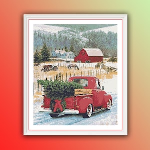 Rustic Christmas Farm Landscape Cross Stitch Pattern: Red Truck & Barn PDF Design for Holiday Crafting