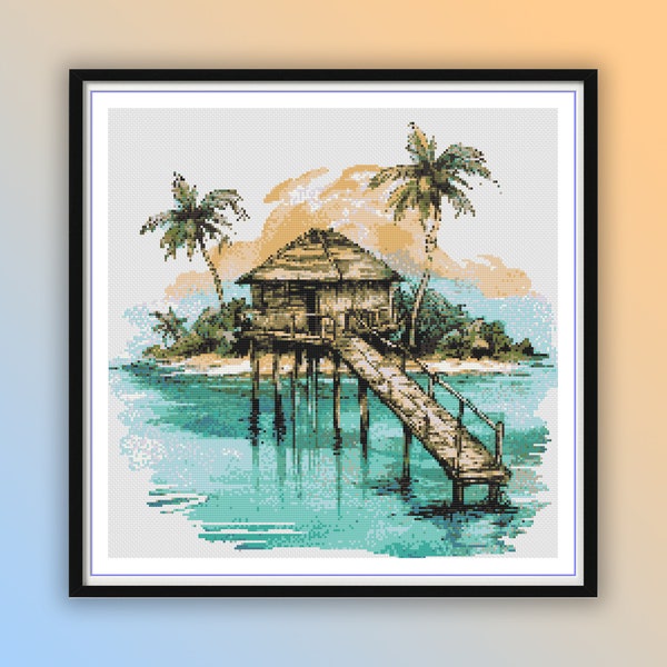 Watercolor Living in a Tropical Island Counted Cross Stitch PDF Pattern, Pier on The Island, Sunset and Palm Tree Landscape, Hand Embroidery