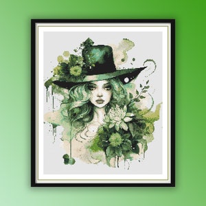Aquarel groene bloemen heks getelde kruissteek pdf-patroon, halloweenheks, moderne kruissteekkaart, handborduurwerk