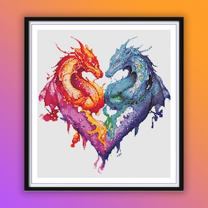 Romantic Dragon Couple Watercolor Cross Stitch Pattern - Wedding, Valentine&#39;s Day, Fantasy Embroidery PDF