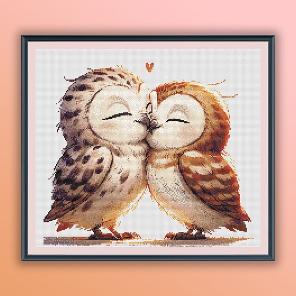 Watercolor Owl Couple Counted Cross Stitch PDF Pattern, Wedding Birds, Valentine Owls, Hand Embroidery, Modern Cross Stitch Chart