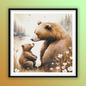 Watercolor Mother & Baby Bear Cross Stitch Pattern - Woodland Nursery PDF for Mother's Day