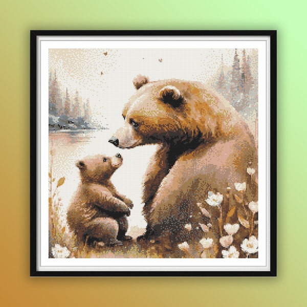 Aquarelle mère et bébé ours compté PDF motif de point de croix, fête des mères animaux mignons, animaux de la jungle, point de croix moderne