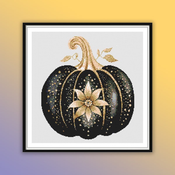 Watercolor Retro Black Golden Pumpkin Counted Cross Stitch PDF Pattern, Thanksgiving Pumpkin, Hand Embroidery, Modern Cross Stitch Chart