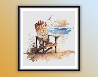 May include: A wooden Adirondack chair sits on a sandy beach with a watercolour-style background of the ocean and sky.