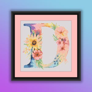 Patrón de punto de cruz en PDF, letra D con flores de acuarela, flores de primavera, alfabeto floral, bordado a mano, gráfico de punto de cruz moderno