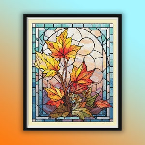 Stained Glass Style Herbst Ahornblätter Kreuzstich PDF Muster, Herbstblätter, Eichel, Handstickerei, moderne Kreuzstichvorlage