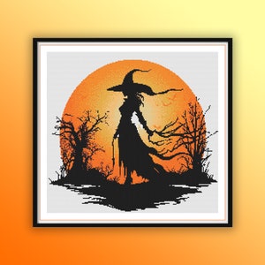 Aquarel halloween heks silhouet getelde kruissteek pdf-patroon, halloweenlandschap, moderne kruissteekkaart, handborduurwerk