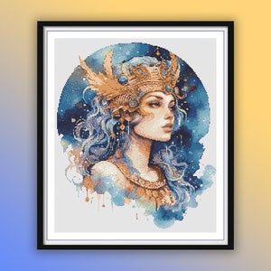 Watercolor Celestial Goddess Counted Cross Stitch PDF Pattern, Modern Cross Stitch Chart, Hand Embroidery