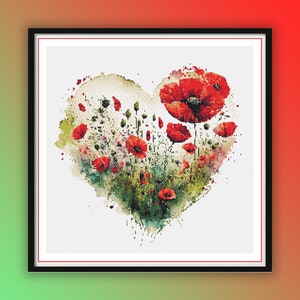 Aquarel rode papaver getelde kruissteek pdf-patroon, boeketkruissteek, bloemstuk, moderne kruissteek, handborduurwerk
