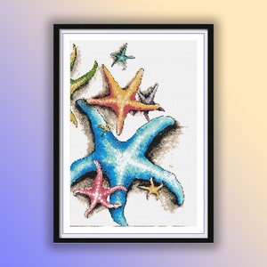 Watercolor Sea Stars Counted Cross Stitch PDF Pattern, Nautical, Marine, Sea Treasures, Shells, Hand Embroidery, Needlepoint Chart