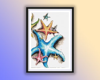 Nautical Watercolor Sea Stars Cross Stitch Pattern: Marine Treasures Embroidery Chart PDF Download