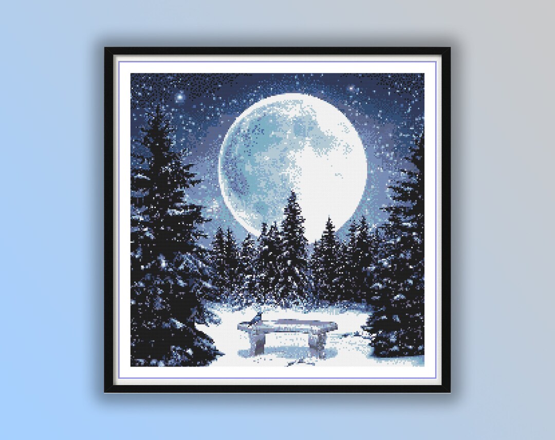 Watercolor Snowy Forest Night and Moon Counted Cross Stitch PDF Pattern ...