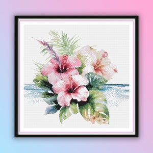 Tropical Hibiscus Watercolor Cross Stitch Pattern - Hawaiian Floral Bouquet PDF for Modern Embroidery