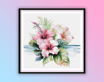 Watercolor Hawaii Hibiscus Flowers Counted Cross Stitch PDF Pattern, Tropical Flowers, Flowers Bouquet, Modern Cross Stitch, Hand Embroidery