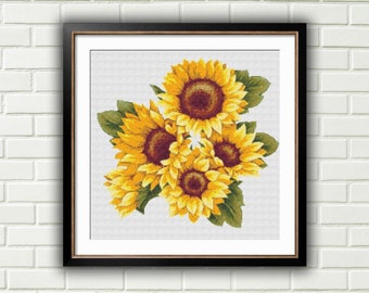 Sunflower Bouquet Counted Cross Stitch Pattern: Floral Arrangement PDF Chart with Daisies