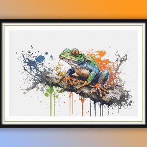 Whimsical Watercolor Frog on Tree Counted Cross Stitch Pattern - Cute Animal Embroidery Chart PDF