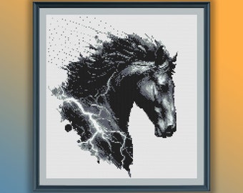 Elegant Black Horse Watercolor Cross Stitch Pattern - Modern Embroidery Chart PDF Download