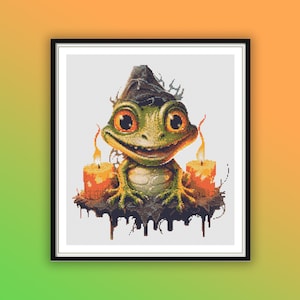 Padrão de ponto cruz em PDF com sapo fofo de Halloween em aquarela, animais e velas de Halloween, gráfico de ponto cruz moderno