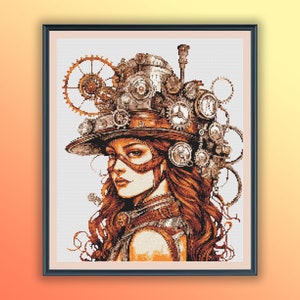 Patrón de punto de cruz en PDF de chica steampunk con acuarela, gráfico de punto de cruz moderno, bordado a mano